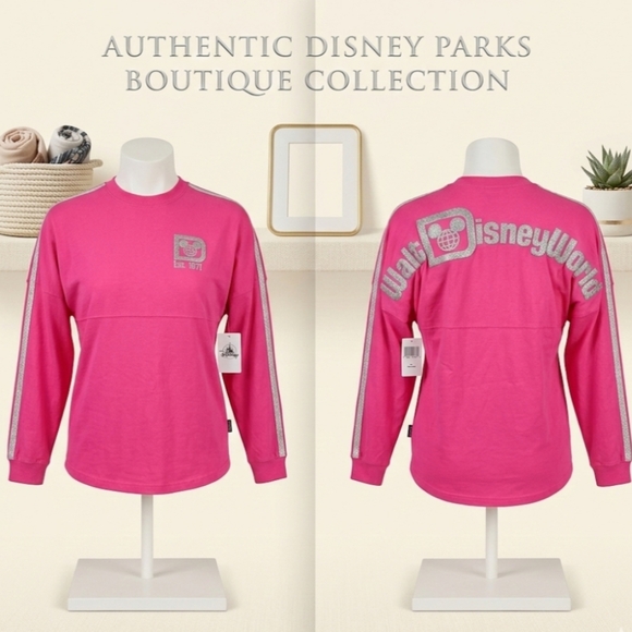 Disney Tops - 🏰Authentic Disney Bright Pink Long Sleeve Tee Spirit Jersey W/Glittery Logo 🏰